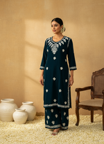 Load image into Gallery viewer, Ojhal Velvet Chikankari Kurti Pallazo Set
