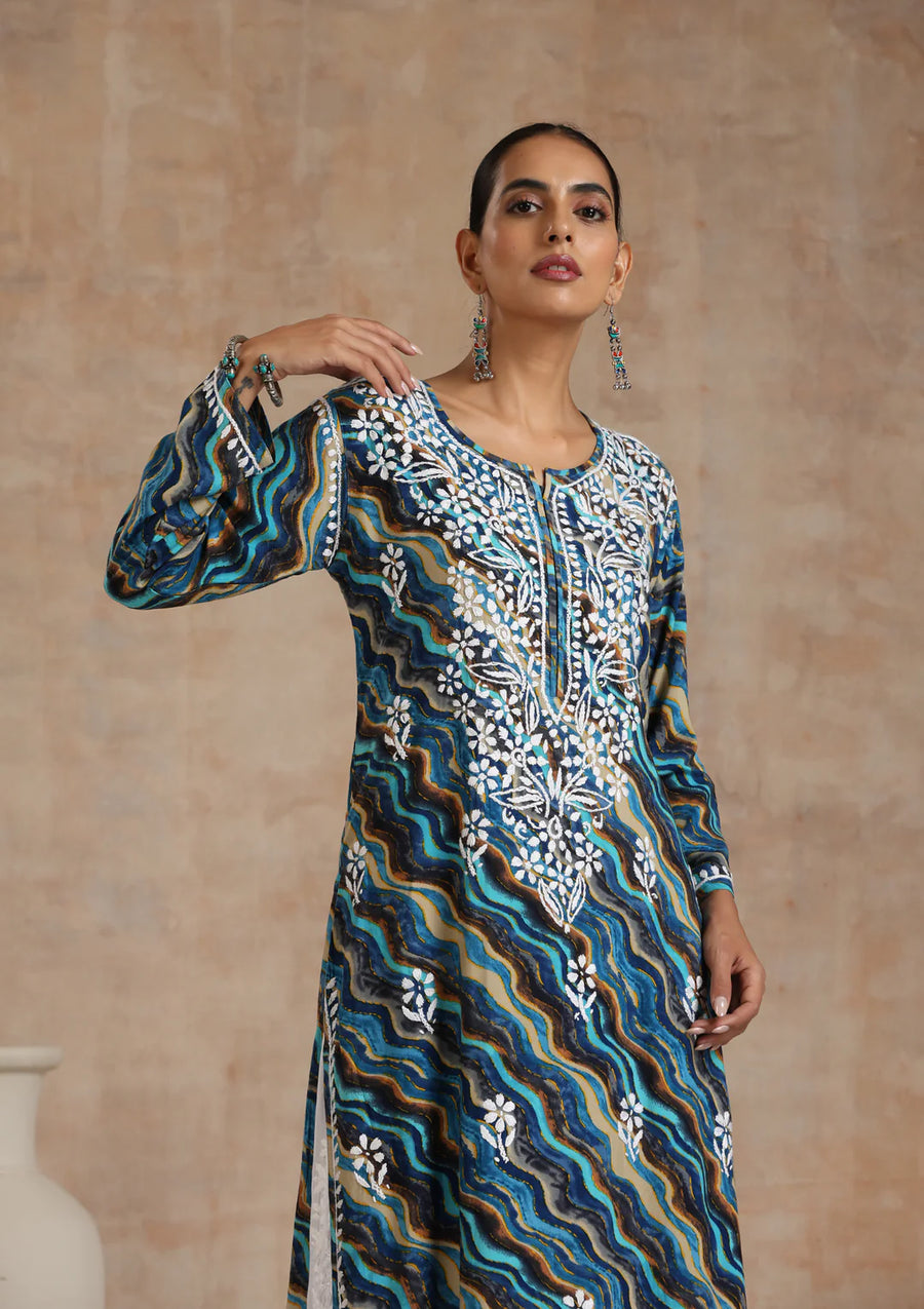 Dhani Rayon Lahariya Chikankari Kurti