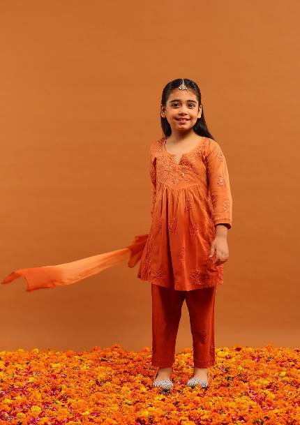 Titli Cotton Chikankari Ombre Girl's 3 PC A-Line Kurta Set - The Lucknowi Chikan 