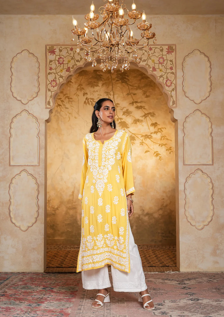 Bela Modal Chikankari Long Kurta Yellow