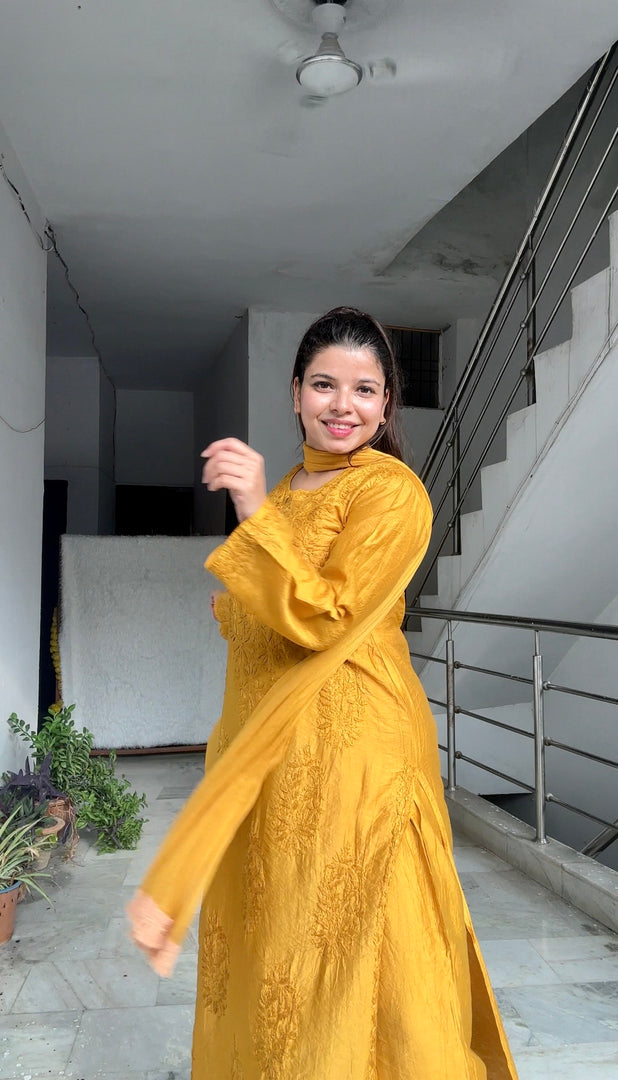 Polki Chanderi Chikankari Suit Set