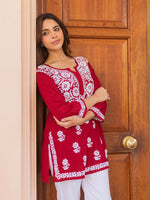 Load image into Gallery viewer, Aabha Premium Modal Chikankari Top Maroon

