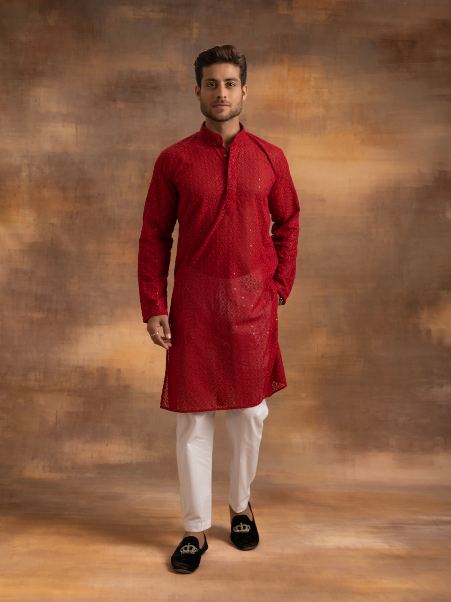 Nawab Mens Hakuba Sequence Chikankari Kurta & Pyjama Set