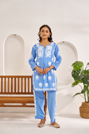 Ramila Modal Chikankari Co-ord Set Jordy-Blue