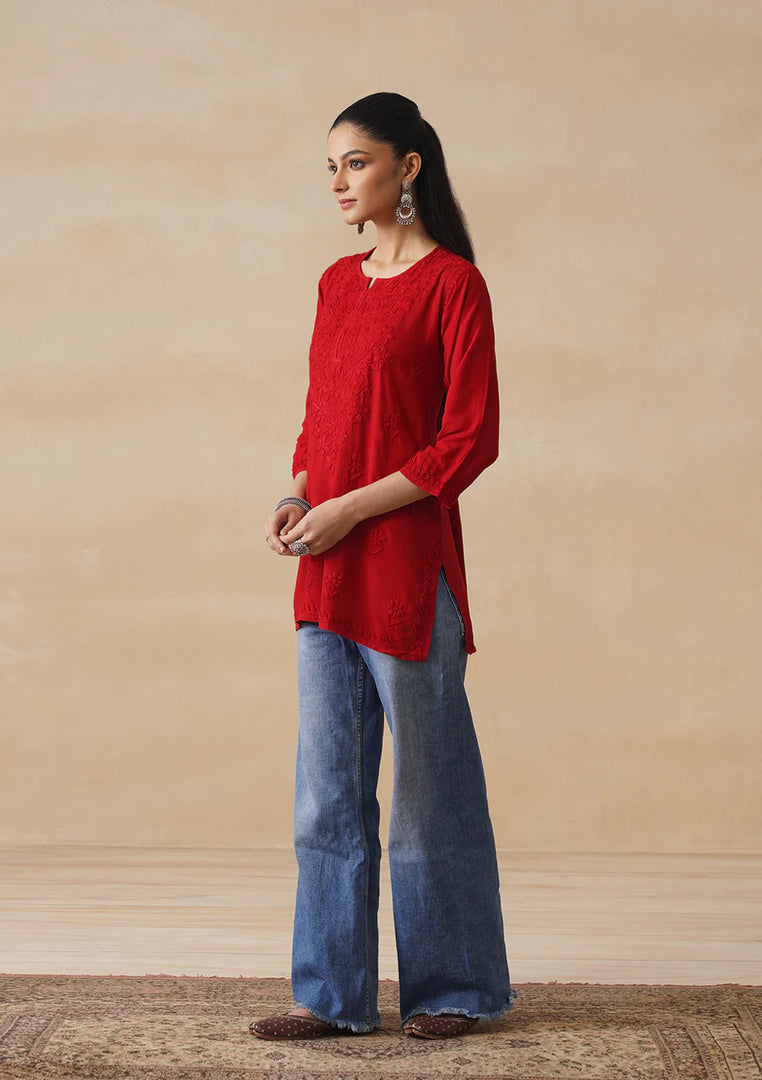 Amina Rayon Short Chikankari Kurti - Red