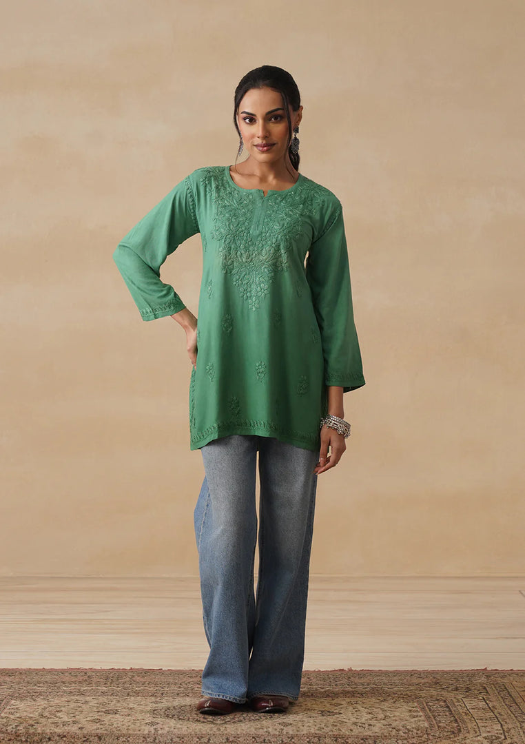 Amina Rayon Short Chikankari Kurti - The Lucknowi Chikan 