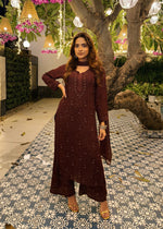 Load image into Gallery viewer, Nagma Chikankari And Mukaish Suit Set Brown