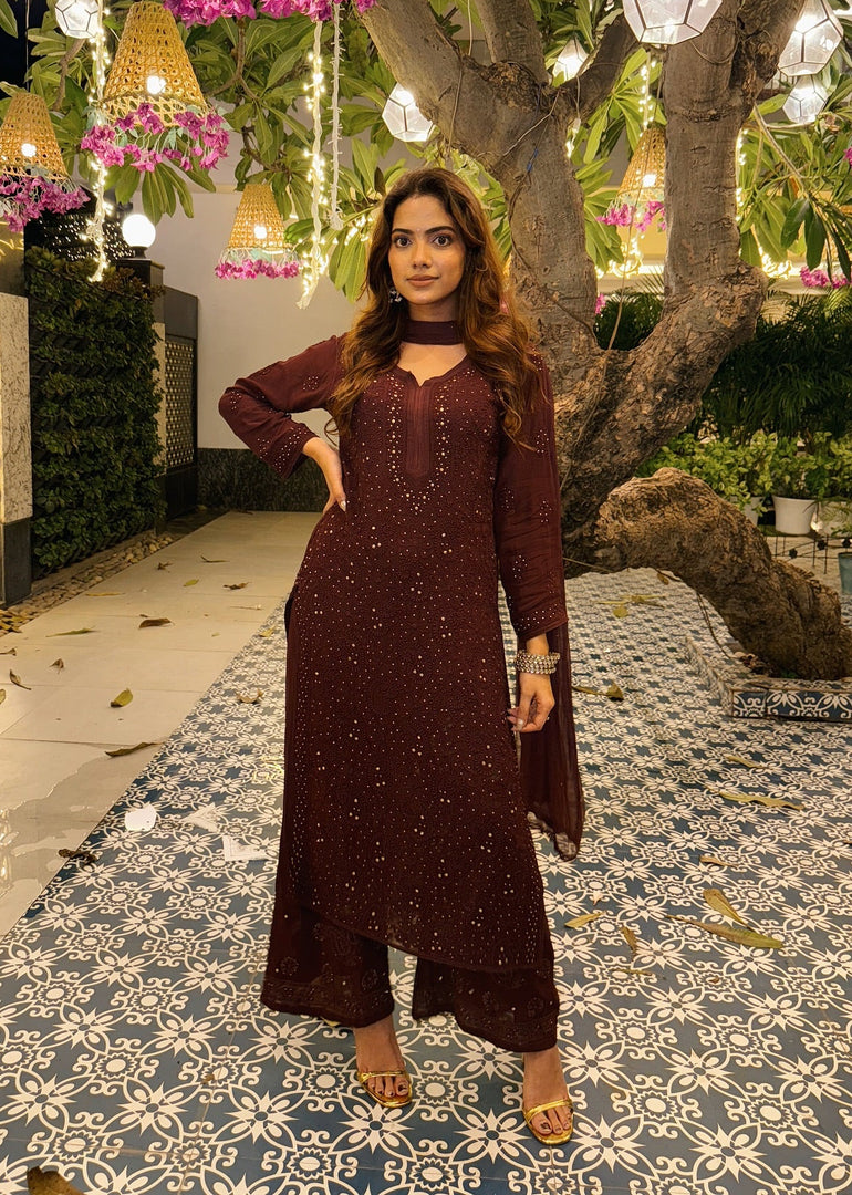 Nagma Chikankari And Mukaish Suit Set Brown