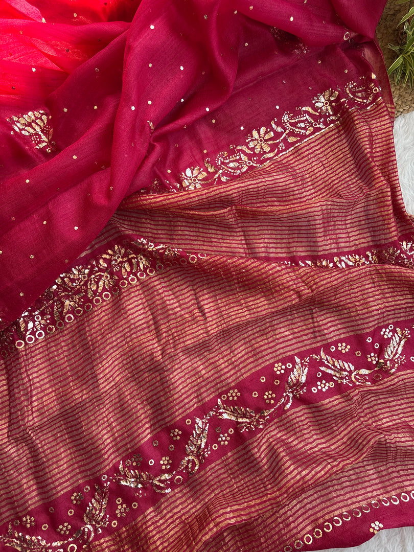 Kanakchandni Tusser Silk Kamdani Saree Magenta