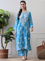 Load image into Gallery viewer, Chhaya Mul Chikankari Kurti Set Blue
