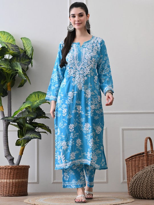 Chhaya Mul Chikankari Kurti Set Blue