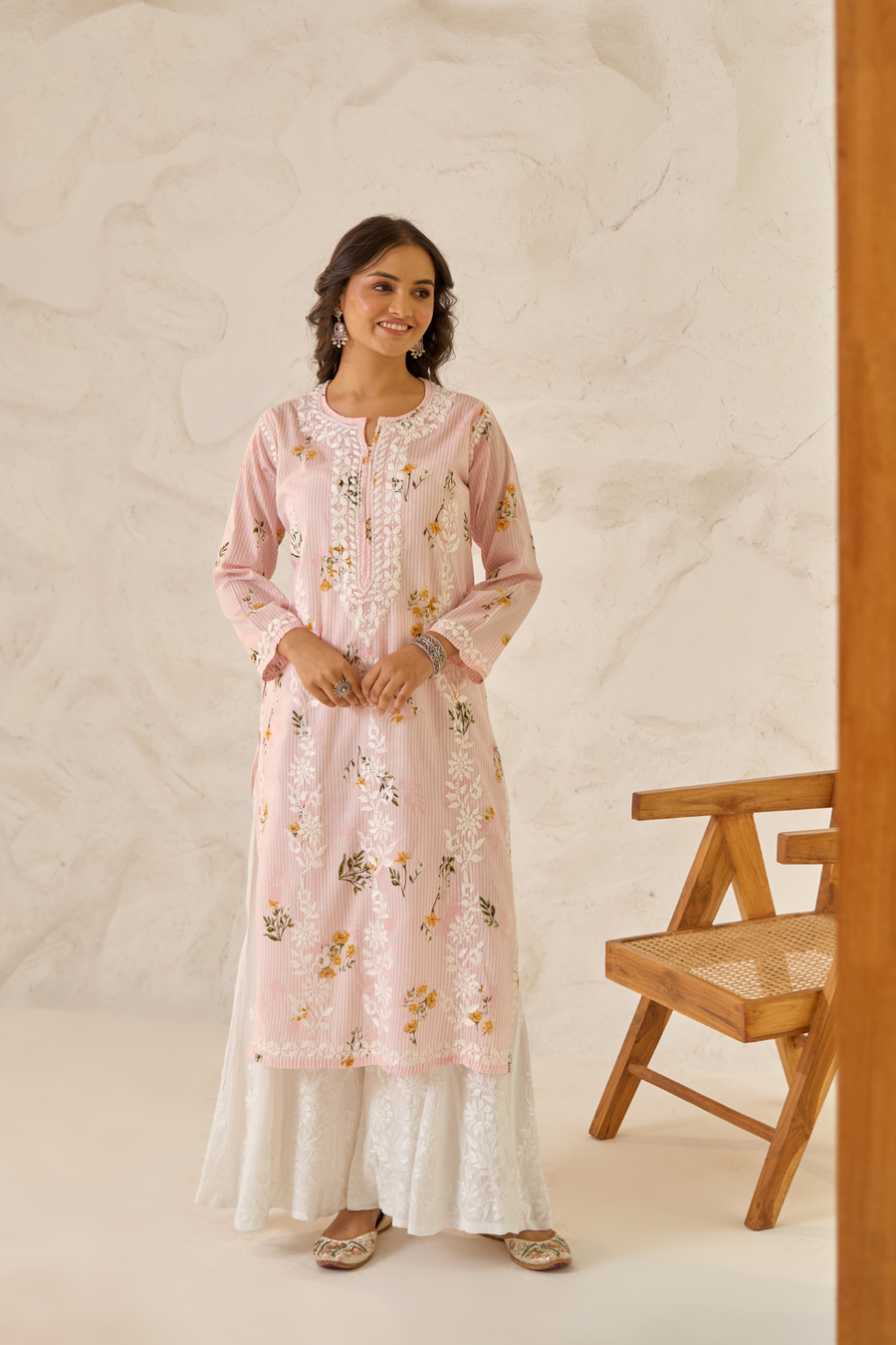 Raga Mulmul Long Chikankari Kurta Peach