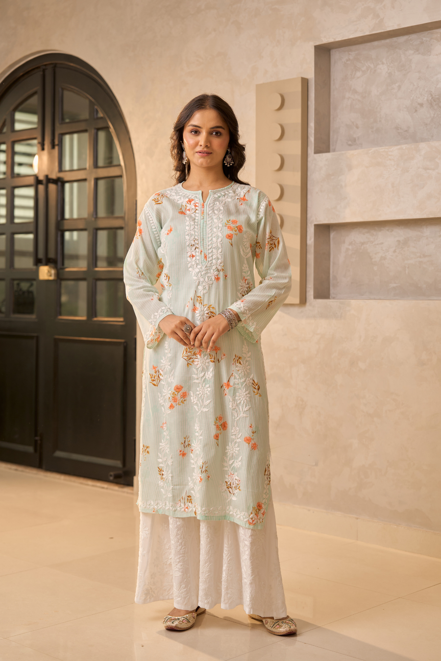 Raga Mulmul Long Chikankari Kurta Lime-Green