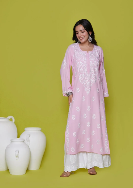 Heer Rayon Long Chikankari Kurti Baby Pink