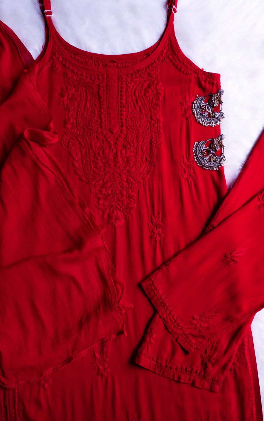 Parinoor Chanderi Cotton Chikankari Kurti Set