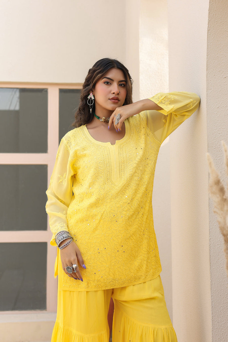 Sajani Premium Viscose Mukaish Chikankari Gharara Set