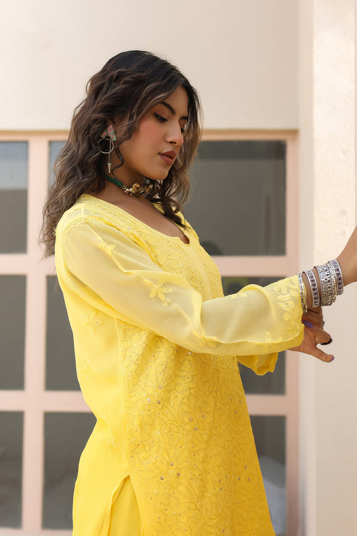 Sajni Premium Viscose Mukaish Chikankari Gharara Set