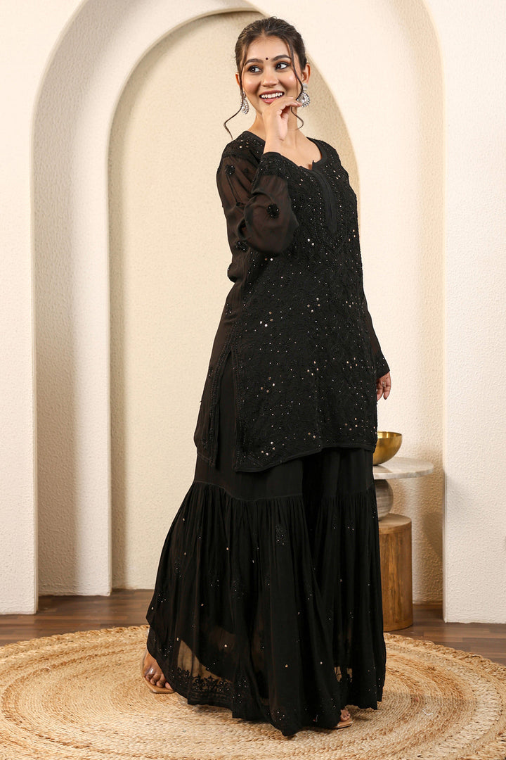 Sajni Premium Viscose Mukaish Chikankari Gharara Set