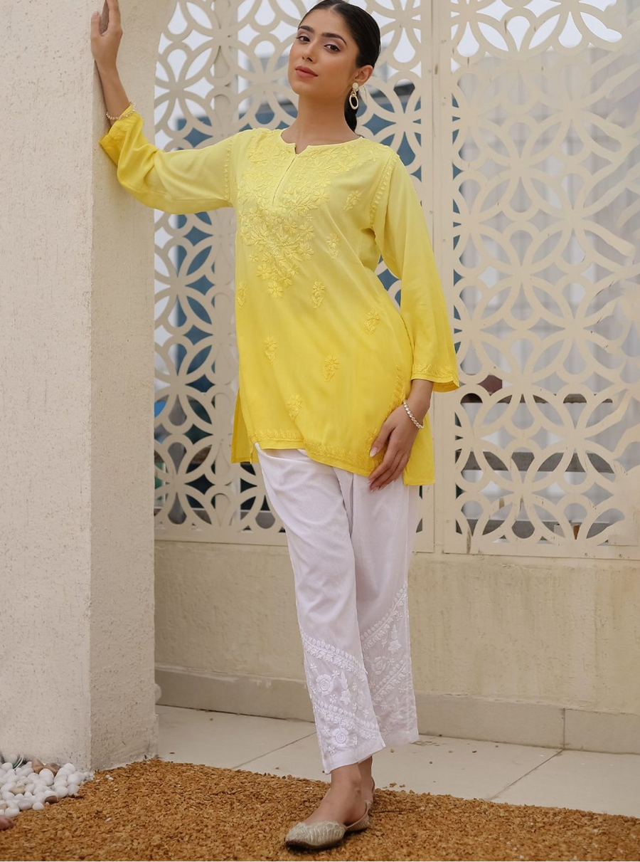 Vibha Ombre Chikankari Short Top Yellow