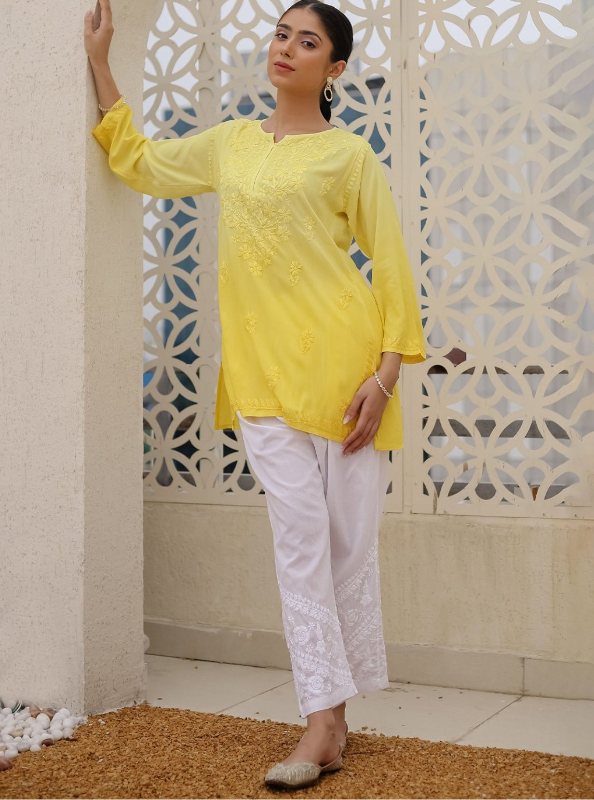 Vibha Ombre Chikankari Short Top Yellow