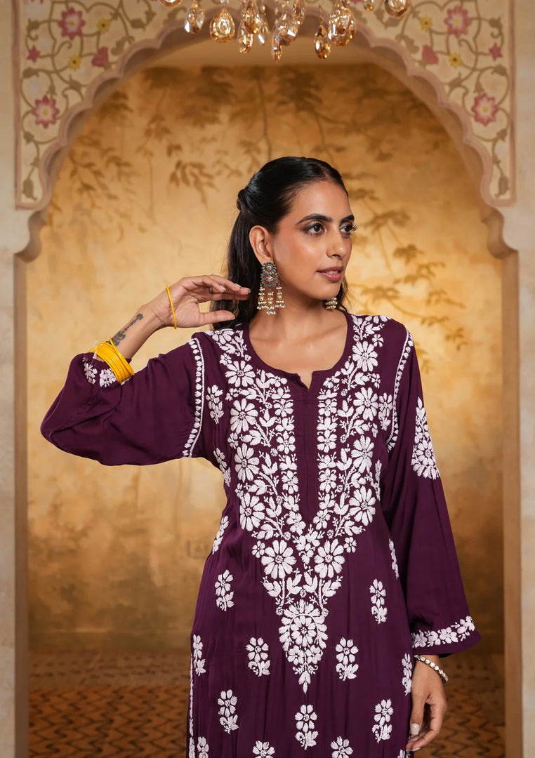 Bela Premium Modal Chikankari Long Kurti - The Lucknowi Chikan 