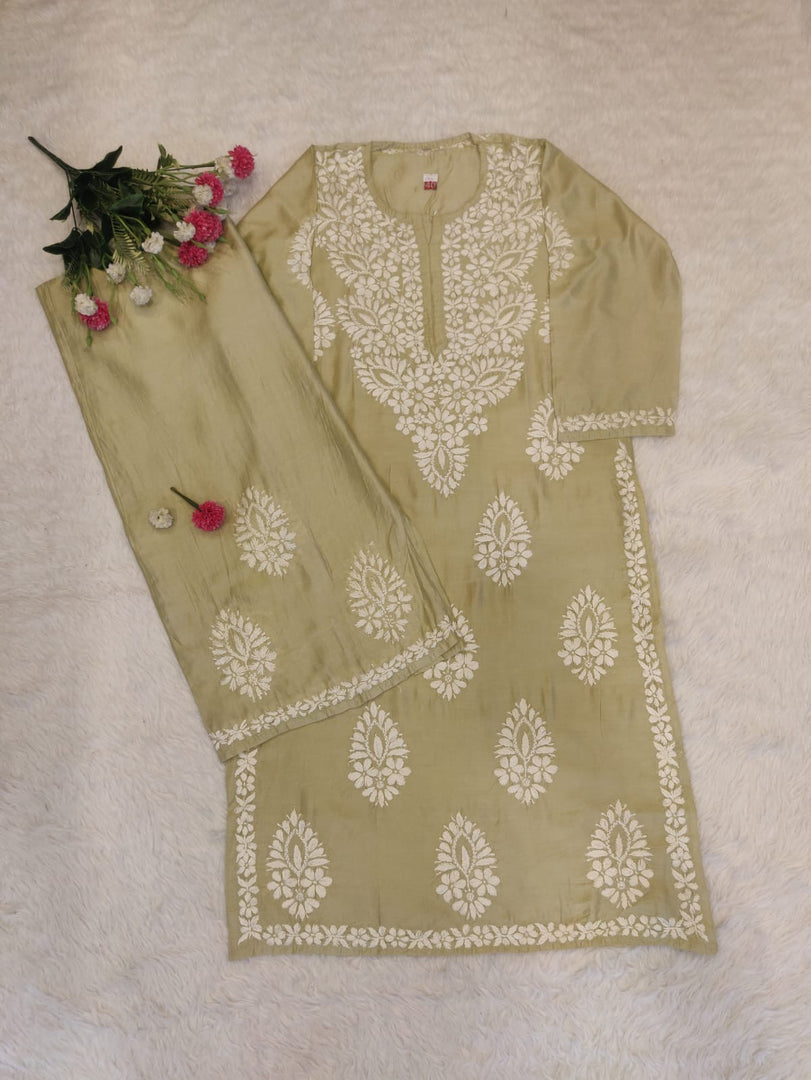 Chanderi Chikankari Kurti Pallazo Set