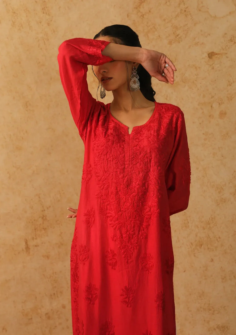 Jharna Chanderi Premium Chikankari Kurti - The Lucknowi Chikan 