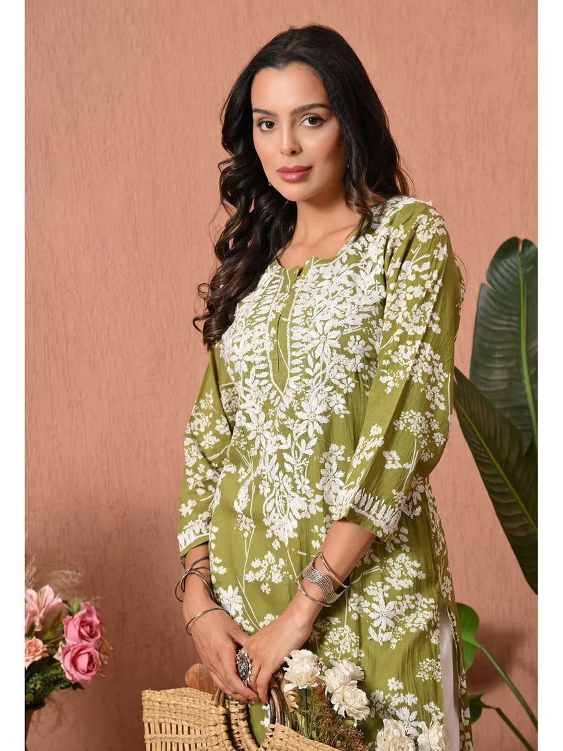 Aadat Mulmul Straight Chikankari Kurti