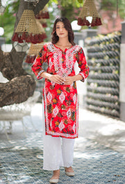 Gulabo Rayon Floral Boota Chikankari Kurti Red