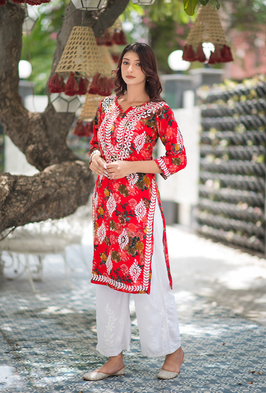 Gulabo Rayon Floral Boota Chikankari Kurti