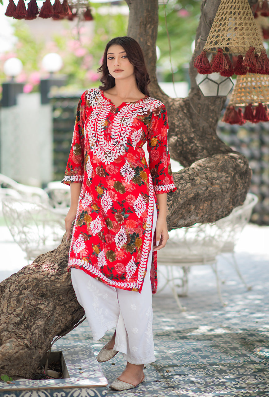 Gulabo Rayon Floral Boota Chikankari Kurti