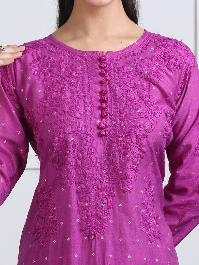 Sona Chanderi Chikan Kurti Set
