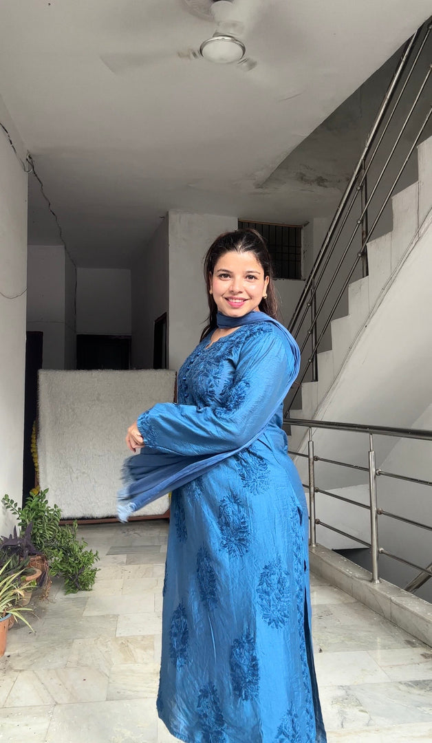 Polki Chanderi Chikankari Suit Set