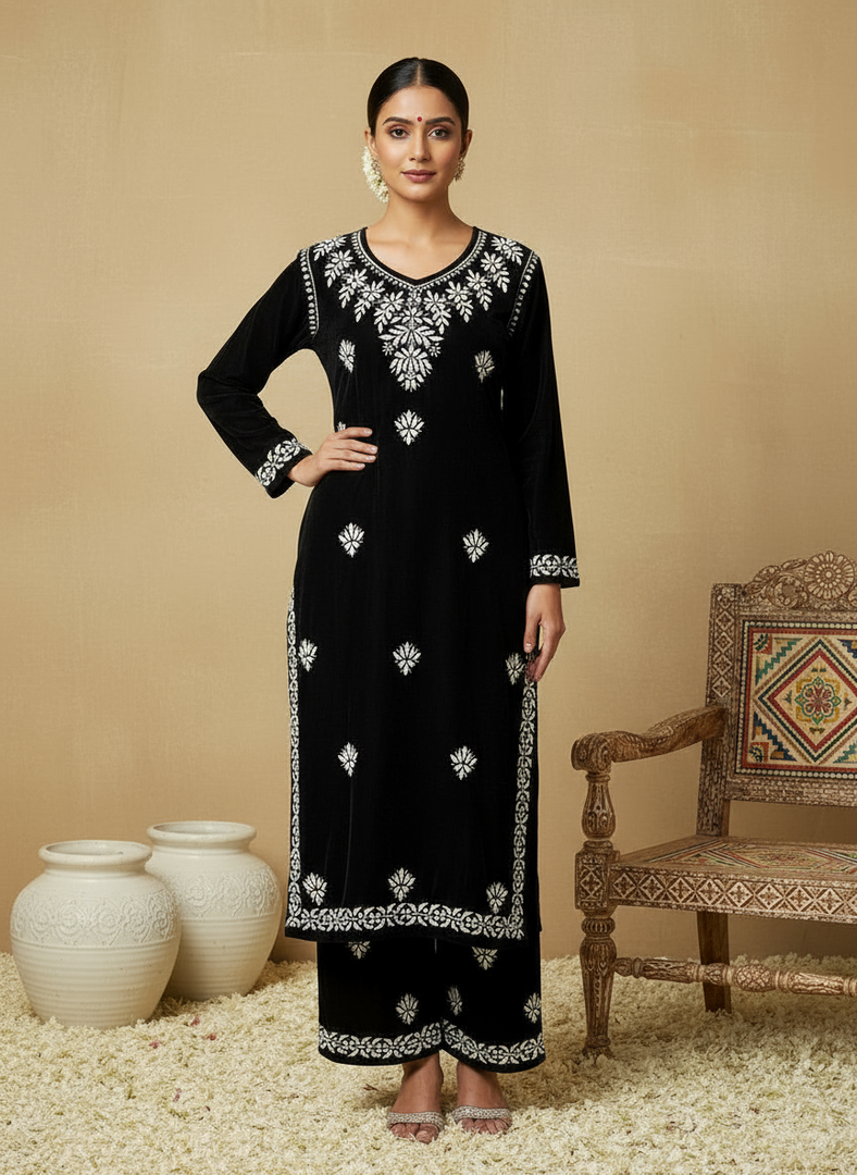 Ojhal Velvet Chikankari Kurti Pallazo Set