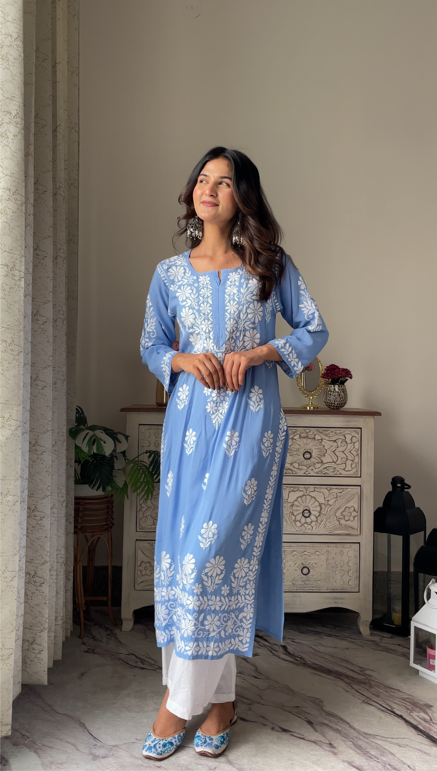 Bela Premium Modal Chikankari Kurti Jordy Blue