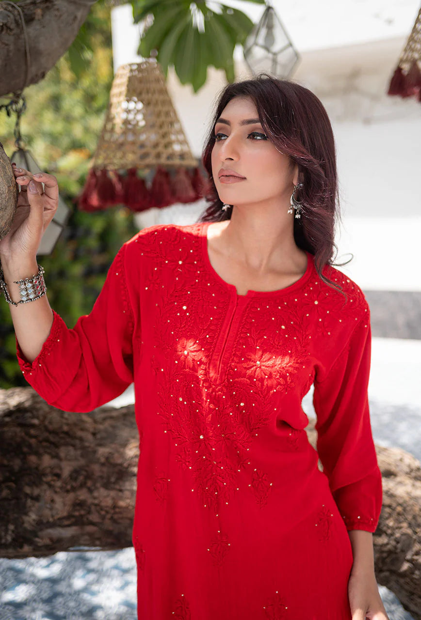 Ulfat Rayon Mukaish Chikankari Kurti-Red
