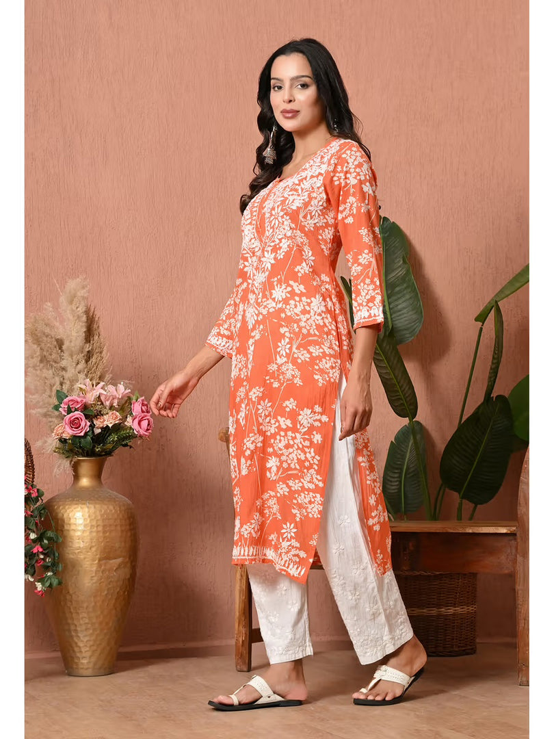 Aadat Mulmul Straight Chikankari Kurti