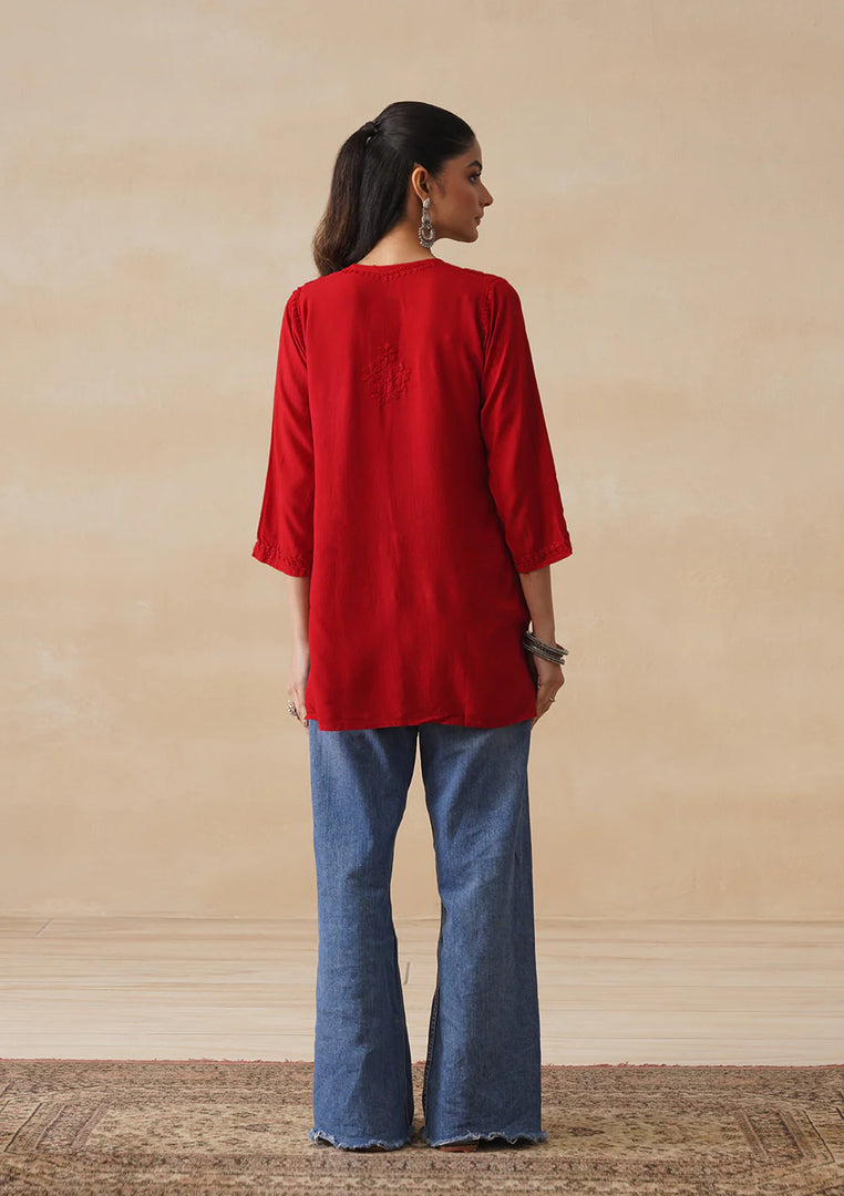 Amina Rayon Short Chikankari Kurti - Red