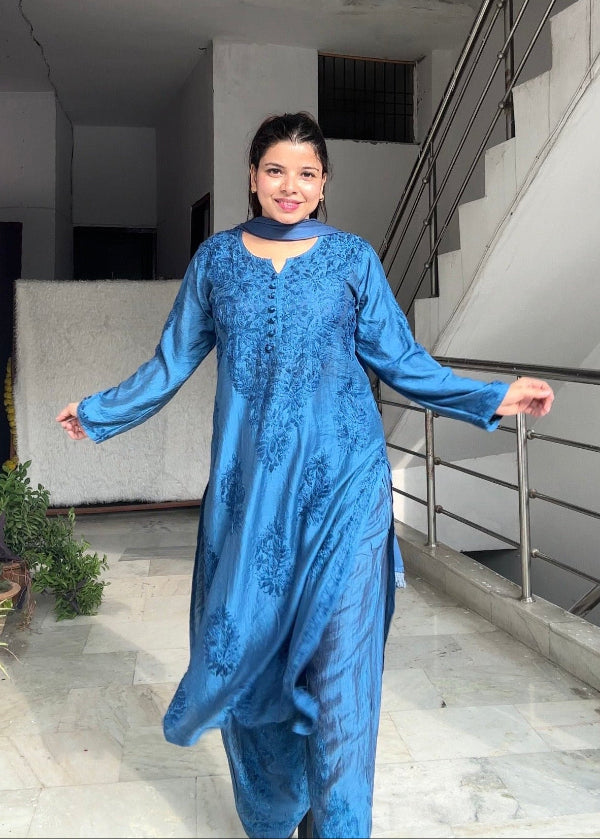 Polki Chanderi Chikankari Suit Set Blue