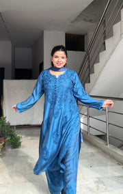 Polki Chanderi Chikankari Suit Set Blue