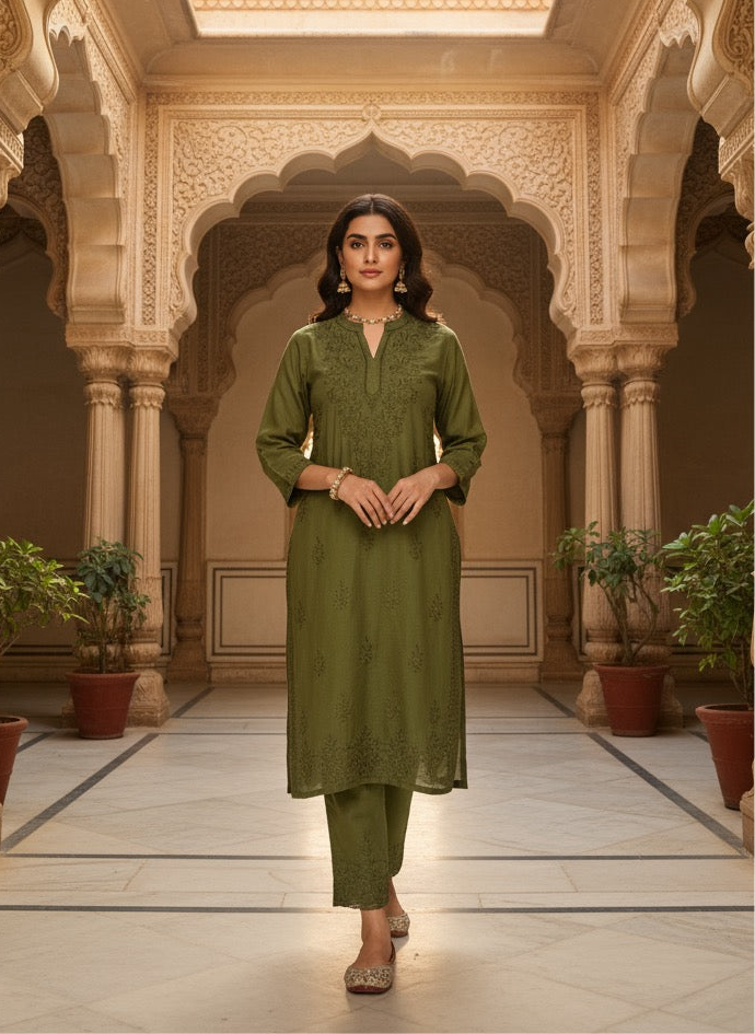 Sona Chanderi Chikankari Kurti Set