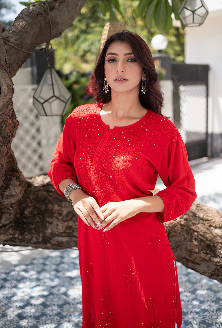 Ulfat Rayon Mukaish Chikankari Kurti-Red