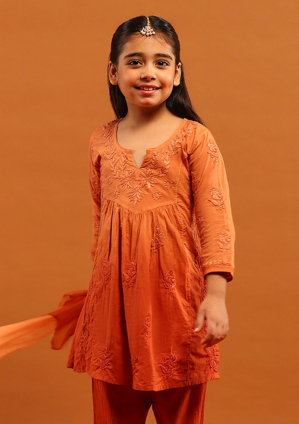Titli Cotton Chikankari Ombre Girl's 3 PC A-Line Kurta Set - The Lucknowi Chikan 