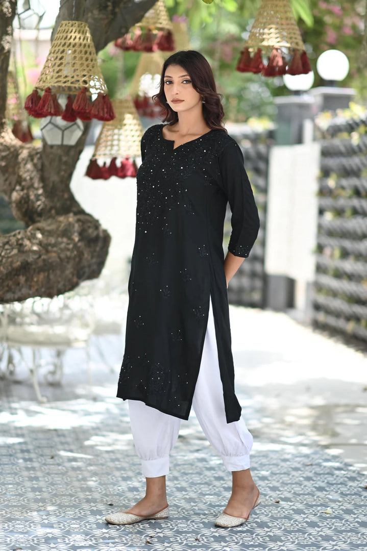 Ulfat Rayon Mukaish Chikankari Kurti- Black