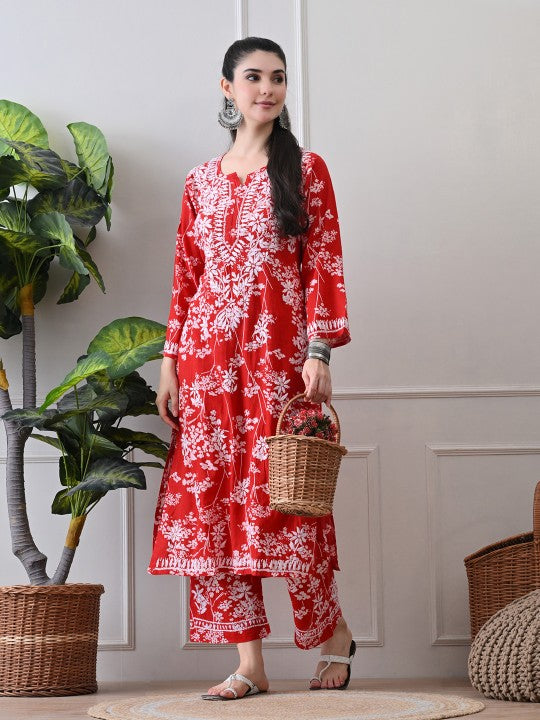 Chhaya Mul Chikankari Kurti Set Maroon