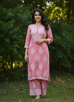 Load image into Gallery viewer, Chanderi Chikankari Kurti Pallazo Set
