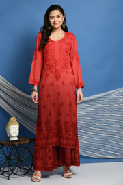 Morni Modal Chikankari Kurti Set Red