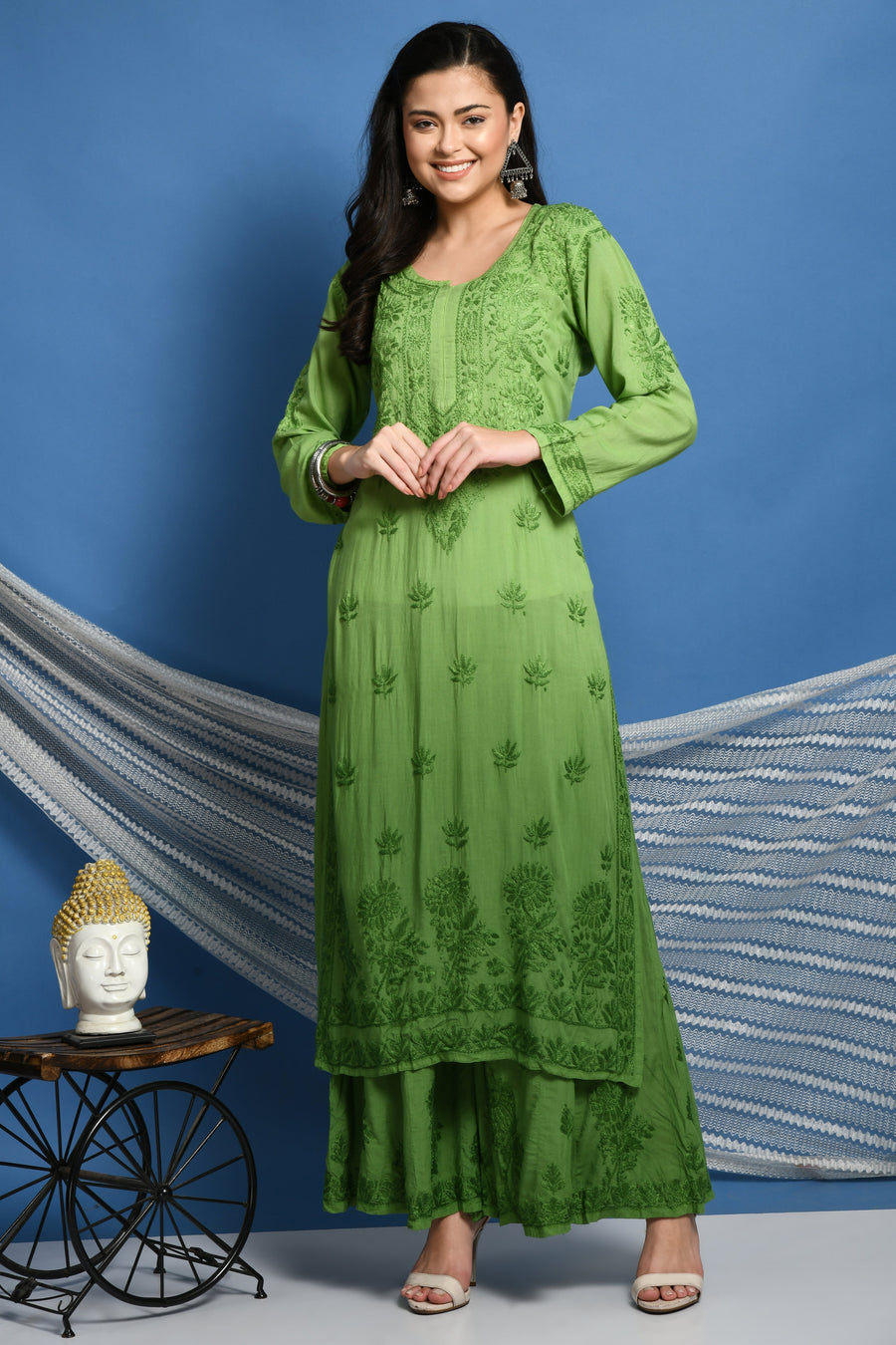 Morni Modal Chikankari Kurti Set Parrot-Green