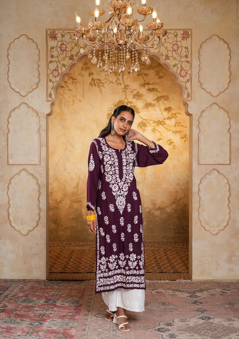 Bela Premium Modal Chikankari Long Kurti - The Lucknowi Chikan 