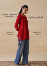 Load image into Gallery viewer, Amina Rayon Short Chikankari Kurti - Red